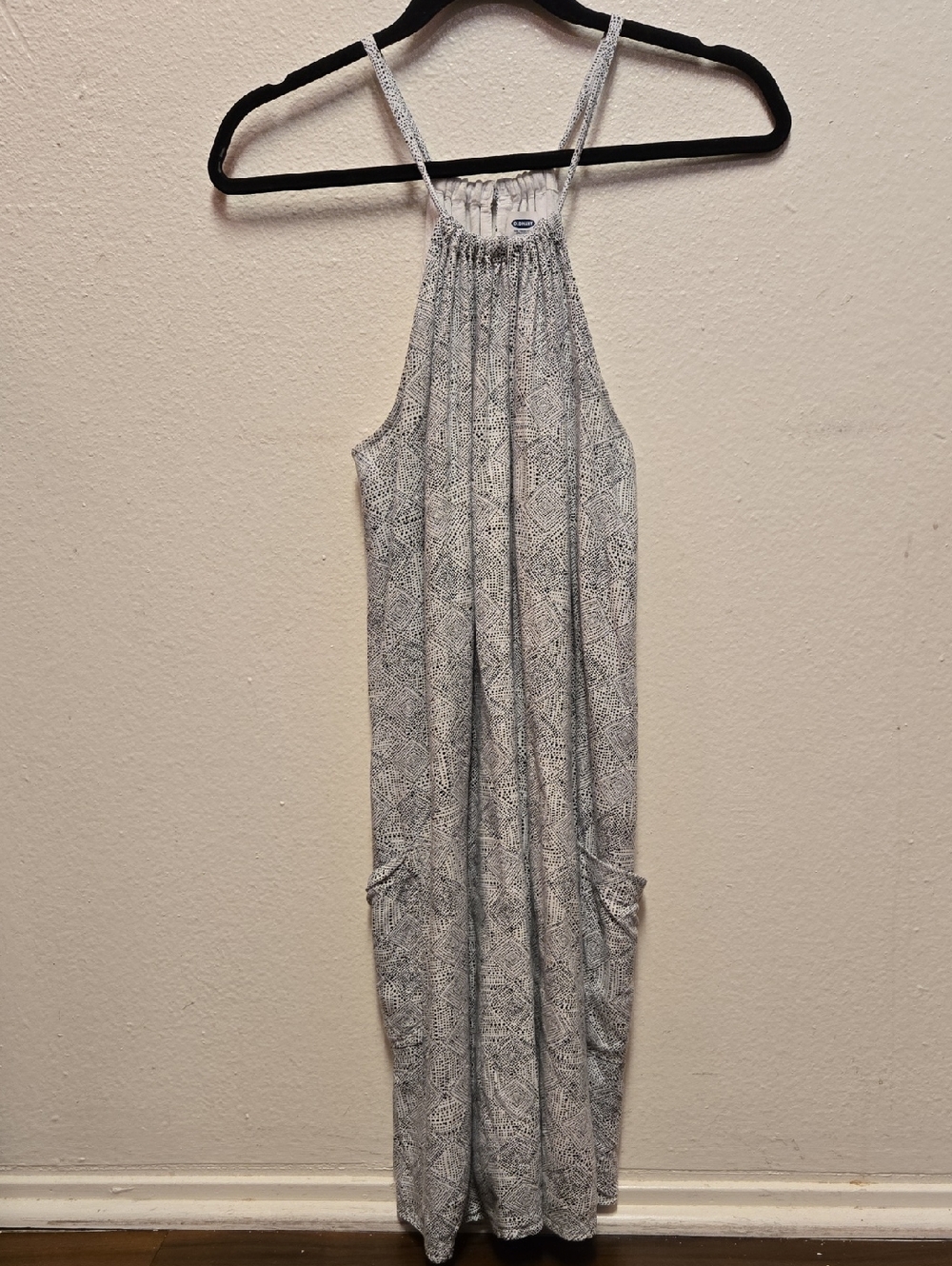 Old Navy Linen Blend Halter Dress Size M Black White Sleeveless Pockets
